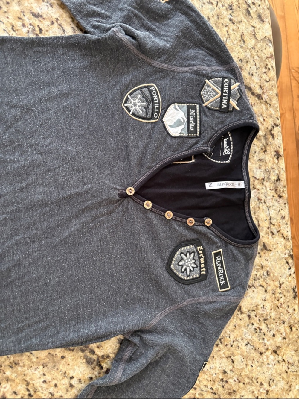 Alp N Rock Gray Patch Detail Henley Shirt, size Medium